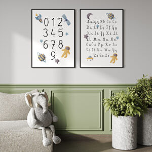 Zestaw plakatów edukacyjnych kosmos alfabet i cyfry