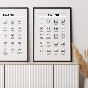 Minimalistyczny plakat do pralni z czarnymi symbolami prania i ich opisem